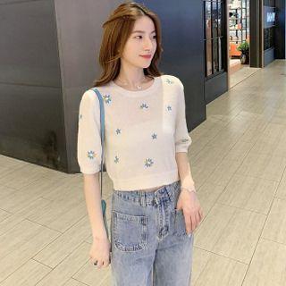 Short-sleeve Floral Top / Wide Leg Jeans