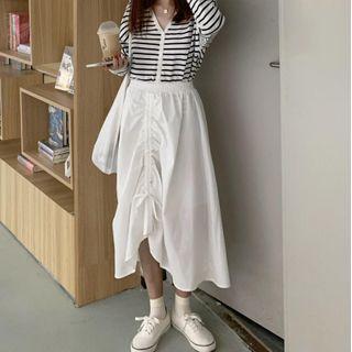 Long-sleeve Striped Buttoned Knit Top / A-line Midi Skirt