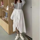 Long-sleeve Striped Buttoned Knit Top / A-line Midi Skirt