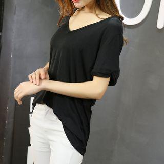Short Sleeve Plain V Neck Top