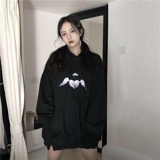 Long-sleeve Heart Printed Hoodie Black - One Size