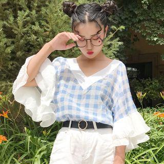 Plaid Bell-sleeve Cold Shoulder Top
