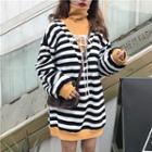 Mock-two Piece Striped Turtle-neck Pullover Dress