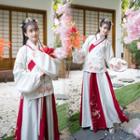 Flower Embroidered Hanfu Blouse / Two-tone Maxi A-line Skirt