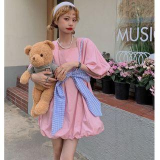 Puff-sleeve Square Neck Mini A-line Dress / Ribbon Crop Camisole Top