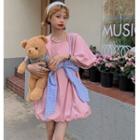 Puff-sleeve Square Neck Mini A-line Dress / Ribbon Crop Camisole Top