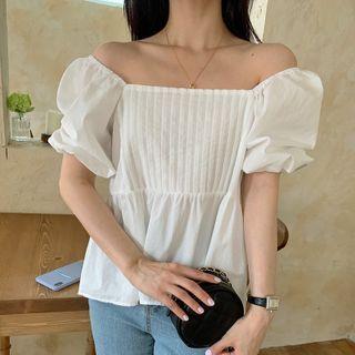 Short-sleeve Off-shoulder Pleated Blouse White - One Size