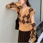 Argyle Cutout Sweater / Pleated Mini Skirt