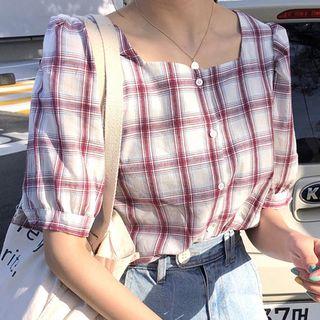 Short-sleeve Square Neck Plaid Blouse