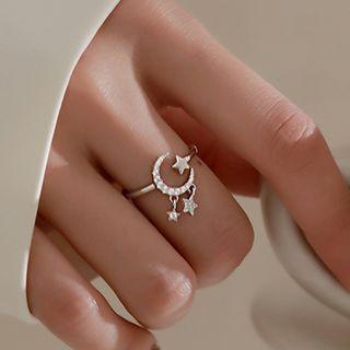 Rhinestone Moon & Stars Open Ring Silver - One Size