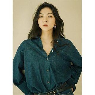 Pocket-front Denim Shirt Dark Blue - One Size