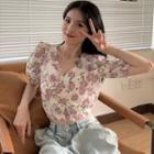 Floral Puff Sleeve Top As Shown In Figure - One Size