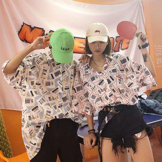 Couple Matching Elbow-sleeve Label Print Shirt