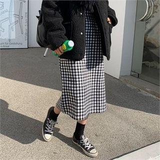 Band-waist Gingham Midi Skirt Black - One Size