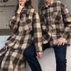Couple Matching Plaid Button Coat / Midi A-line Skirt / Mock-neck Long-sleeve Top