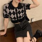 Short-sleeve Argyle Collared Knit Crop Top / Denim Mini Pencil Skirt