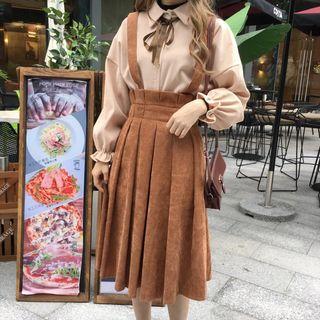 Bow Accent Blouse / High Waist Suspender Skirt