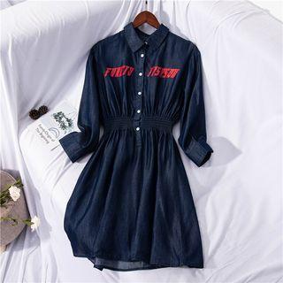 Lettering Long-sleeve Denim Shirt Dress