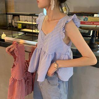 Sleeveless Frill Trim Checker Lace-up Top