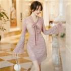 Set: Bell-sleeve Tie-neck Top + Asymmetrical Straight Fit Skirt
