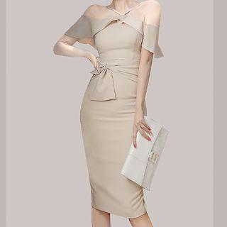 Short-sleeve Cold Shoulder Tie-waist Midi Bodycon Dress
