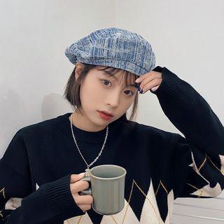 Striped Denim Beret Hat Blue - One Size