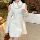 Turtleneck Cold-shoulder Sweater Dress White - One Size