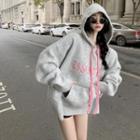 Letter Embroidered Hoodie Gray - One Size