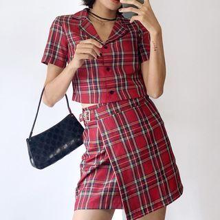 Plaid Crop Shirt / Mini A-line Skirt / Straight Leg Shorts