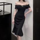 Short-sleeve Lace Trim Off-shoulder Midi Mermaid Dress