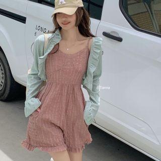 Ruffle Cropped Light Jacket / Spaghetti Strap Plaid Romper
