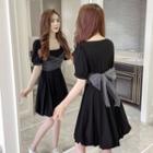 Puff-sleeve Square Neck Mesh-panel A-line Dress