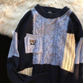 Bear Embroidered Patchwork Sweater