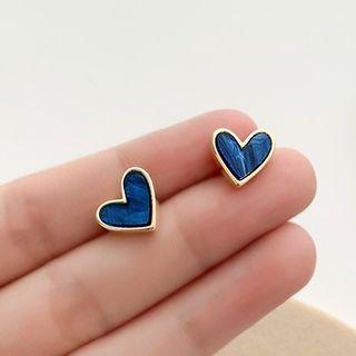Heart Stud Earring 1 Pair - S925 Silver Needle - Blue - One Size
