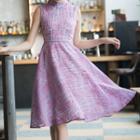Printed Mandarin Collar Sleeveless Midi A-line Dress