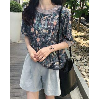 Rib-trim Pattern Crepe Top
