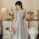 Elbow-sleeve V-neck Chiffon Midi Dress