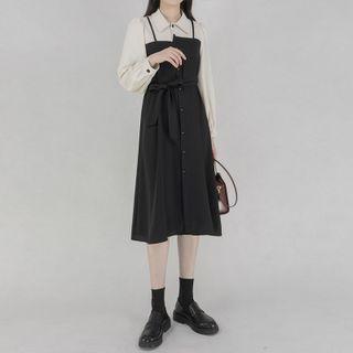 Mock Two-piece Long-sleeve Tie-front Dress