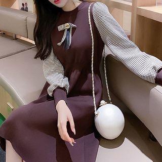 Houndstooth Panel Knit Midi A-line Dress