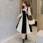 Puff-sleeve Two-tone Corduroy Panel Lace Dress