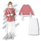 Mock Two Piece Bow Sweatshirt / High Waist Skirt