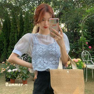 Puff-sleeve Top / Flower Embroidered Pointelle Sleeveless Top