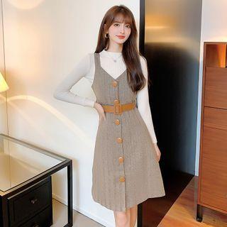 Set: Long-sleeve Mock-neck Knit Top + A-line Overall Dress