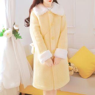 Long-sleeve Plaid Panel Faux Furry Long Coat