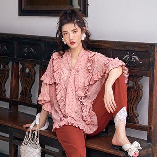 Dotted Ruffle Trim Elbow-sleeve Top