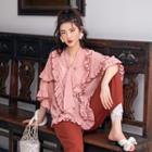 Dotted Ruffle Trim Elbow-sleeve Top