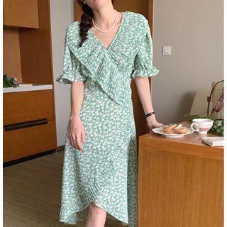 Bell-sleeve V-neck Floral Asymmetrical A-line Dress