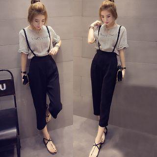 Set: Short-sleeve Striped Chiffon Top + Cropped Suspender Pants