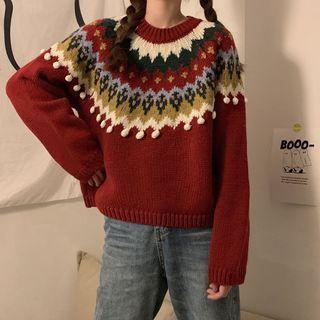 Long-sleeve Pattern Printed Sweater Red - One Size