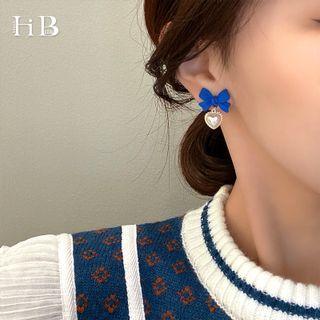 Faux Pearl Heart Drop Earring 1 Pair - S925 Silver Needle - Bow - Blue - One Size